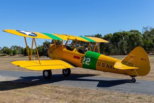 Tyabb, Australia - March 9, 2014: 1941 Boeing Stearman (A75N1) vintage biplane aircraft used by the United States military as a primary training aircraft during World War II.