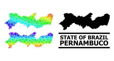 Spectrum gradient star collage map of Pernambuco State. Vector vibrant map of Pernambuco State with spectrum gradients. Mosaic map of Pernambuco State collage is made of randomized color star items.