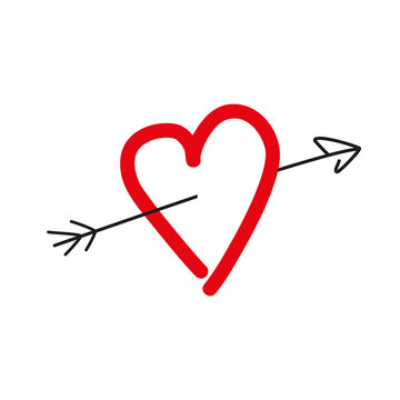 Bright red heart with Cupid's arrow. The arrow hit the heart. A simple icon for the day of the Wedding or St. Valentine. Vector illustration on an isolated background.