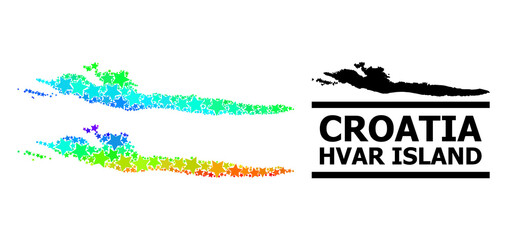 Spectral gradient star mosaic map of Hvar Island. Vector colorful map of Hvar Island with rainbow gradients. Mosaic map of Hvar Island collage is composed with random colorful star parts.