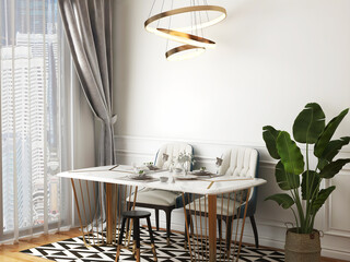 Dining room mockup with luxury spiral hanging lamp and dining table . 3d illustration. 3d render