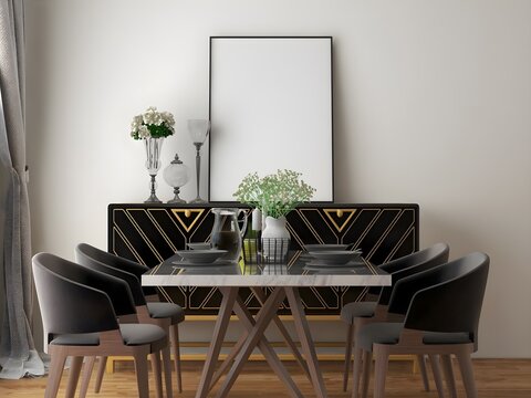 Dining room mockup with luxury black dining set, black gold dining table, and blank frame . 3d illustration. 3d render