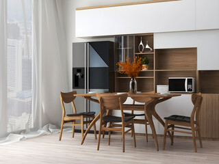 Dining room mockup with kitchen cabinet, refrigerator, and wooden dining table set . 3d illustration. 3d render