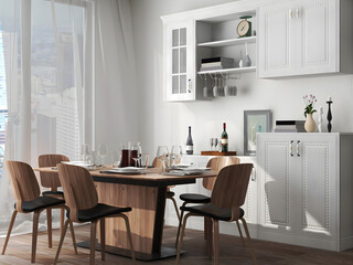 Dining room mockup with kitchen cabinet, and luxury wooden dining table set. 3d illustration. 3d render