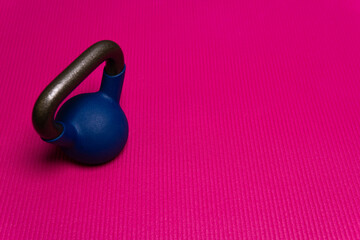 Naklejka na ściany i meble Space kettlebell yoga blue mat background sport gym fit, for lifestyle training in object for violet loss, diet indoor. Motivation closeup active, body