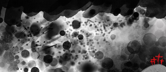 black and white background. Red crosses on the hill