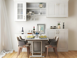 Dining room mockup with kitchen cabinet, and luxury gray dining table set . 3d illustration. 3d render