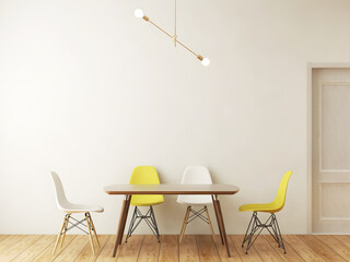 Dining room mockup with hanging lamp, white and yellow chair . 3d illustration. 3d render