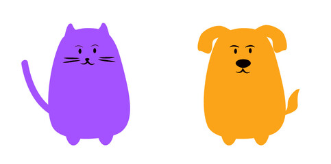 Cartoon pets cat dog. Cut animals  characters. Flat style illustration.