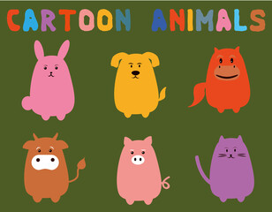 Cartoon pets set. Cat, Rabbit, Horse, Cow, Pig, Dog. Flat design.