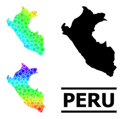 Spectrum gradiented star collage map of Peru. Vector colorful map of Peru with spectrum gradients. Mosaic map of Peru collage is done of chaotic colorful star elements.