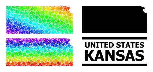 Spectral gradiented starred collage map of Kansas State. Vector vibrant map of Kansas State with spectral gradients. Mosaic map of Kansas State collage is designed with scattered color star elements.