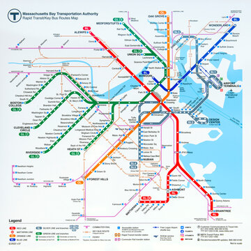 Boston Metro MBTA new schematic map on platform in Union Square station at Union Square in city of Somerville, Massachusetts MA, USA. 
