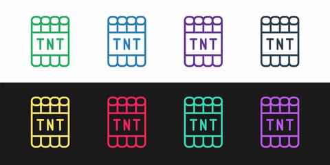 Set line Detonate dynamite bomb stick and timer clock icon isolated on black and white background. Time bomb - explosion danger concept. Vector