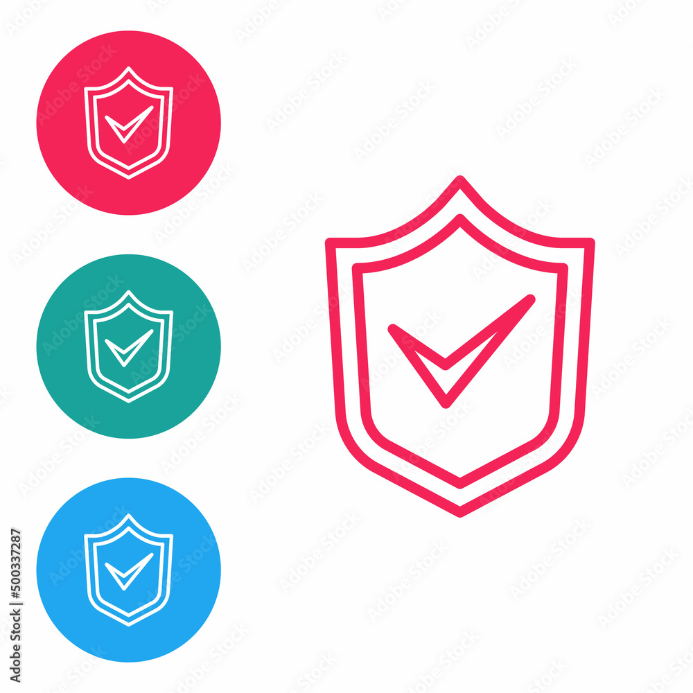 Poster red line shield with check mark icon isolated on white background. security, safety, protection, pri