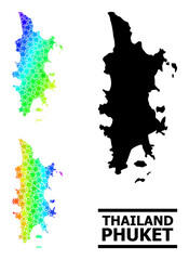 Rainbow gradiented star mosaic map of Phuket. Vector colorful map of Phuket with rainbow gradients. Mosaic map of Phuket collage is constructed with scattered colored star items.