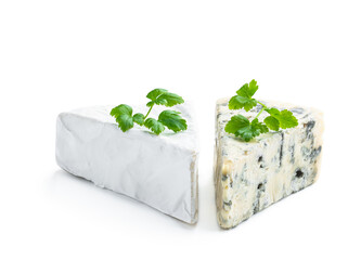 Blue and camembert or brie cheese isolated on white background