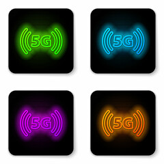 Glowing neon line 5G new wireless internet wifi connection icon isolated on white background. Global network high speed connection data rate technology. Black square button. Vector