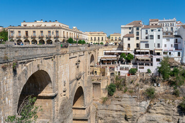 Ronda is located on a deep gorge where the river Tagus passes. Malaga. Andalusia. Spain. Europe....