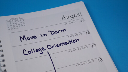 College orientation dates marked on a calendar in August