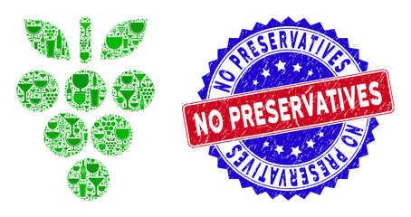 Vector grapes icon wine collage with grunge bicolor No Preservatives seal. Red and blue bicolored seal with grunge surface and No Preservatives phrase. Grapes collage icon is formed with wine glasses,