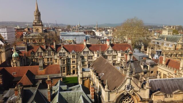 The skyline of Oxford from St. Mary's tower. Tilt down