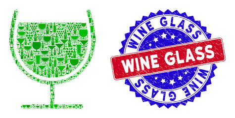 Vector wine glass icon wine mosaic with grunge bicolor Wine Glass stamp. Red and blue bicolored stamp with corroded style and Wine Glass text. Wine glass mosaic icon composed with wine glasses,