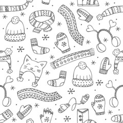 Hand-drawn winter clothing. Seamless pattern. Endless ornament. Vector illustration in doodle style. Winter mood. Hello 2023. Merry Christmas and Happy New Year. Black elements on a white background.