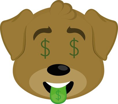 Vector illustration of a cartoon dog face with dollar sign in the eyes and tongue