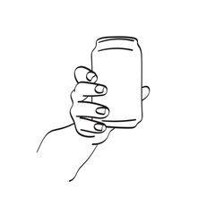 closeup hand holding metal beverage drink can illustration vector hand drawn isolated on white background line art.