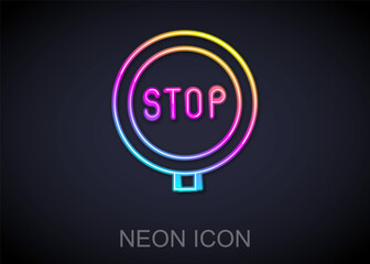 Glowing neon line Stop sign icon isolated on black background. Traffic regulatory warning stop symbol. Vector