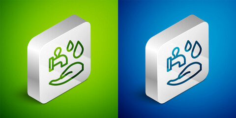Isometric line Wudhu icon isolated on green and blue background. Muslim man doing ablution. Silver square button. Vector