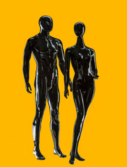 silhouette of a person
black male and female mannequins stand side by side on a yellow background