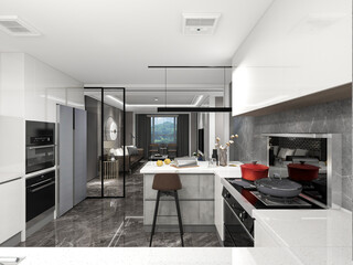 3D rendering,Spacious modern luxurious kitchen with bar design.