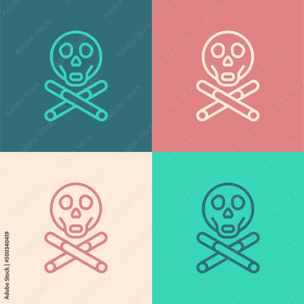 Poster pop art line bones and skull as a sign of toxicity warning icon isolated on color background. vector