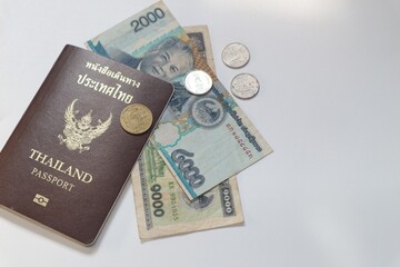 Lao money and Thai baht with passport on white background, currency, inflation concept