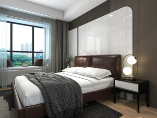 3D rendering, elegant and modern bedroom design, big bed with overcoat cabinet, coffee table