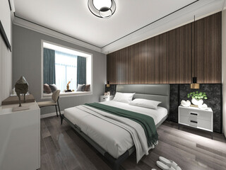 3D rendering, elegant and modern bedroom design, big bed with overcoat cabinet, coffee table