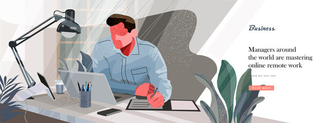 Businessman freelance marketer works from home remotely online. Vector modern illustration of a man at a computer at a table in the office or at home.