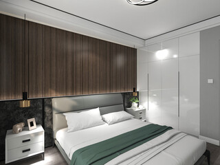3D rendering, elegant and modern bedroom design, big bed with overcoat cabinet, coffee table