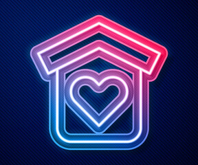 Glowing neon line Shelter for homeless icon isolated on blue background. Emergency housing, temporary residence for people, bums and beggars without home. Vector