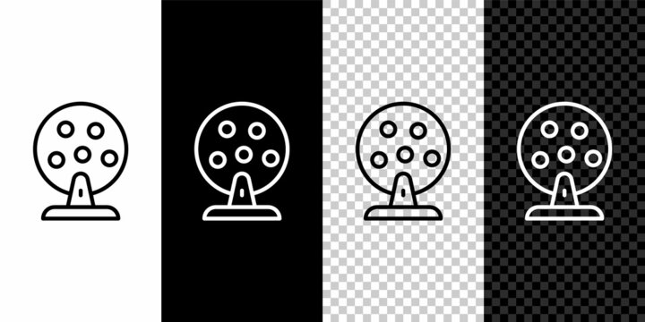 Set line Lottery machine with lottery balls inside icon isolated on black and white, transparent background. Lotto bingo game of luck concept. Wheel drum leisure. Vector