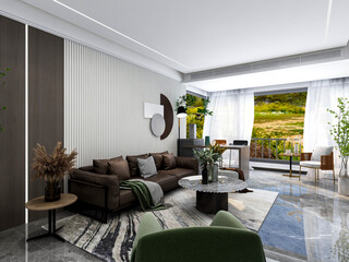 3D rendering, spacious living room design of modern residence, with sofa, tea table, decorative painting, etc