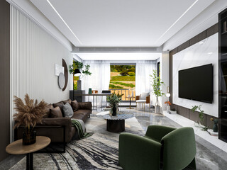 3D rendering, spacious living room design of modern residence, with sofa, tea table, decorative painting, etc