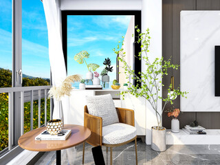 3D rendering, spacious living room design of modern residence, with sofa, tea table, decorative painting, etc