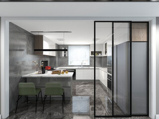 3D rendering, spacious living room design of modern residence, with sofa, tea table, decorative painting, etc