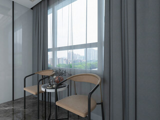 3D rendering, spacious and bright urban residential closed balcony design, green plants with wooden tables and chairs are leisure and comfortable.