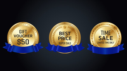 青のリボン付き金のラベルのベクターイラストセット