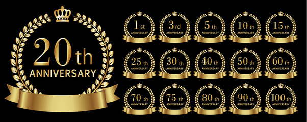 金色の月桂樹の1周年から100周年までのラベルセット（ベクターイラスト）