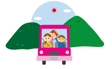 青空の中家族で遠出するために母親が運転しているイラスト・自然・田舎・山・